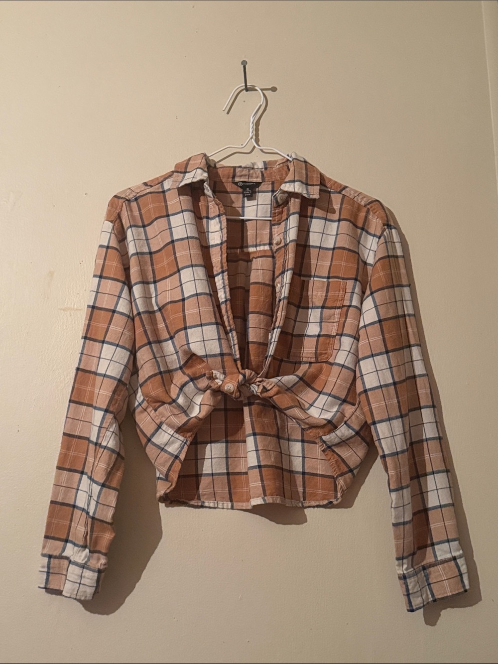 Versona Rust and Cream Plaid Tie-Front Button-Down Shirt